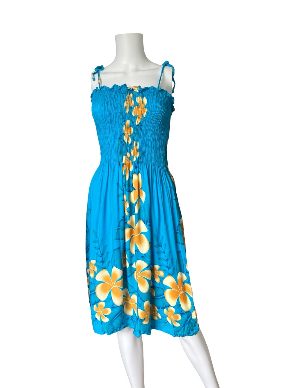 Hibiscus Collection Hawaiian Dress Blue Yellow Floral Tropical Resort Vacation